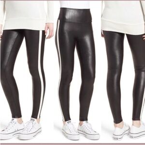 SPANX Black Faux Leather Leggings with White Stripe